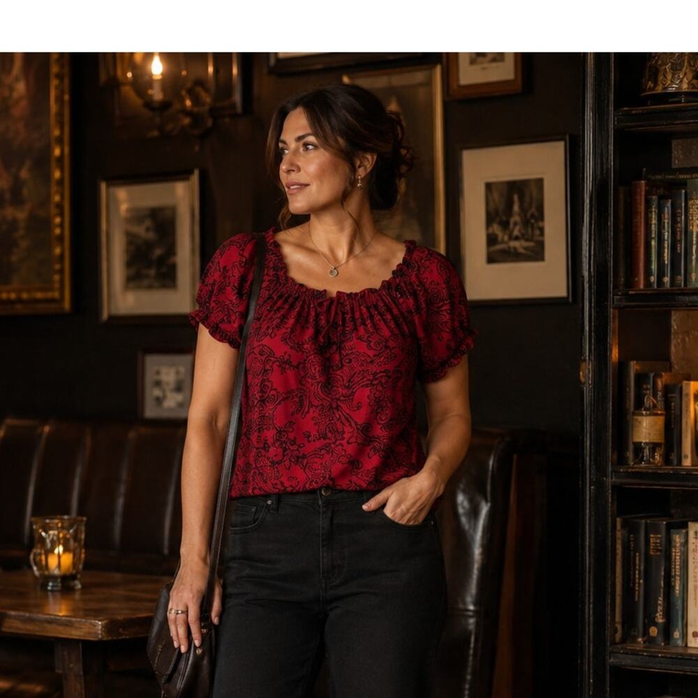 American Living Red Black Peasant Blouse Medium Dark Romantic Boho Puff Sleeve